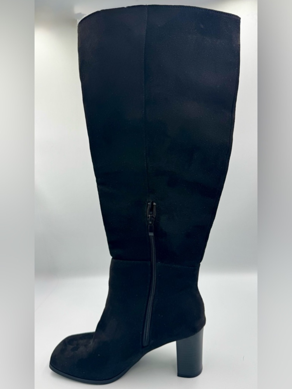 Black Faux Suede Knee High Boots Chunky Block Heel Square Toe Womens Size 8.5